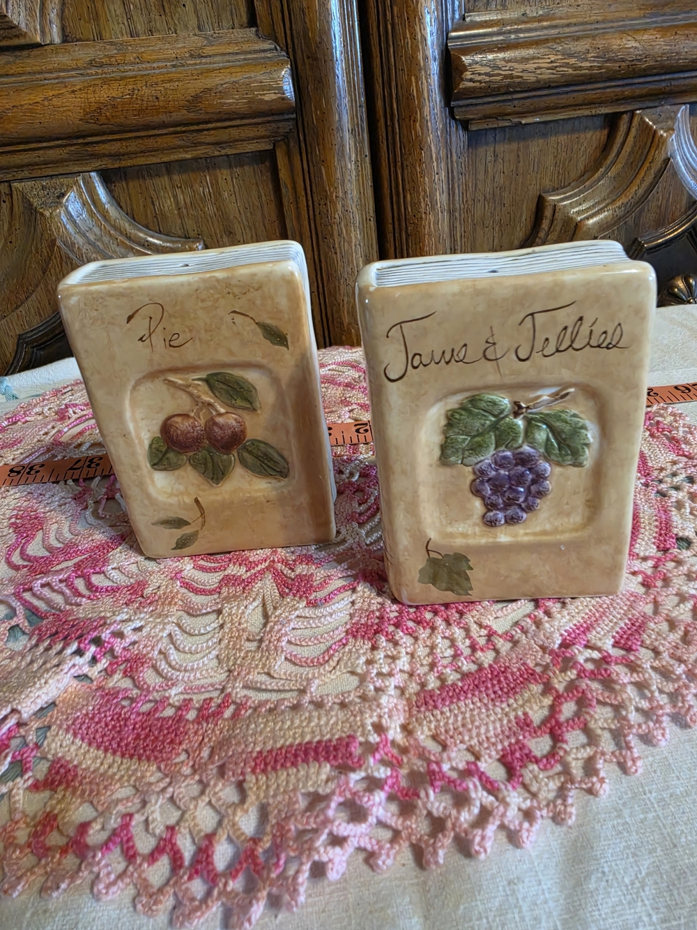 Salt & Pepper Shakers -Ceramic Recipe Book Set - Fruit Motif (Cherries & Grapes)